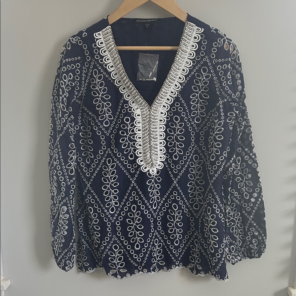 Boston Proper Navy Blouse with White Embroidery & Beading Detail